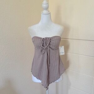 Electric Behaviour Tube Top Womens Medium Mauve Pointelle Tie Front Boho‎ Dainty